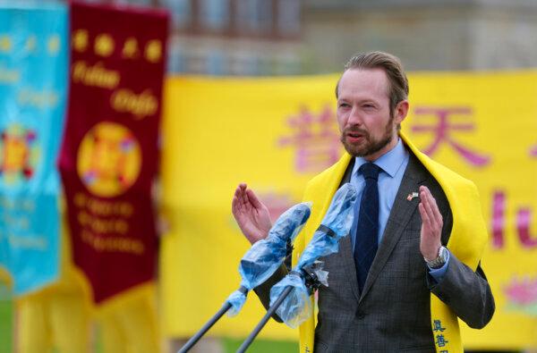 Conservative MP Michael Cooper speaks during the Falun Dafa Day event on Parliament Hill in Ottawa on May 8, 2024. (Jonathan Ren/The Epoch Times)