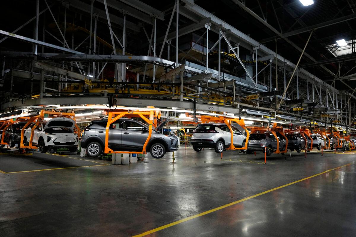The 2023 Chevrolet Bolt EV and EUV assembly line at the General Motors Orion Assembly plant in Lake Orion, Mich., on June 15, 2023. (Carlos Osorio/The Canadian Press/AP)