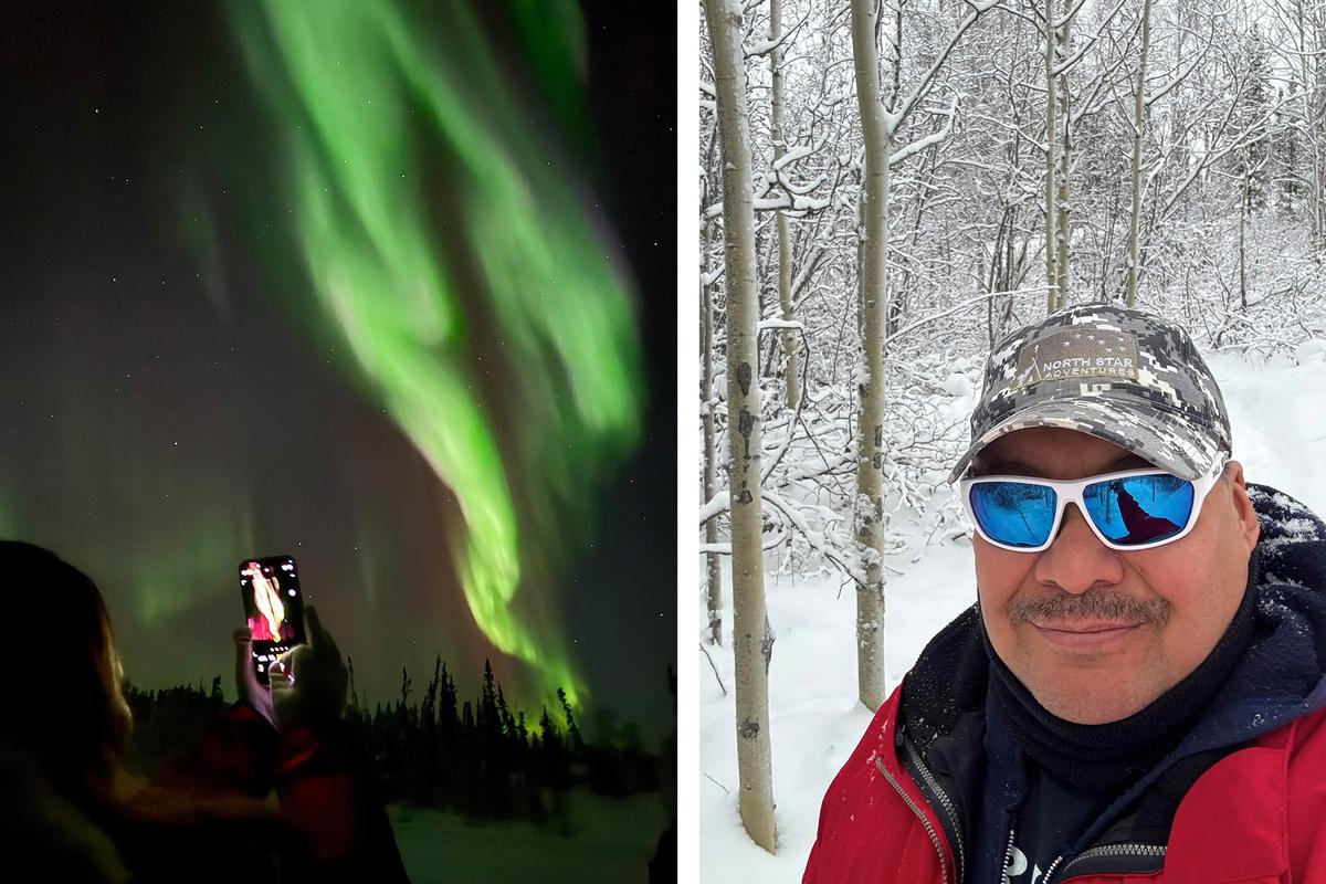 (Left) An aurora streaks across the sky on the first day of 2025 near Yellowknife; (Right) A selfie of Joe Buffalo Child. (Courtesy of Joe Buffalo Child)