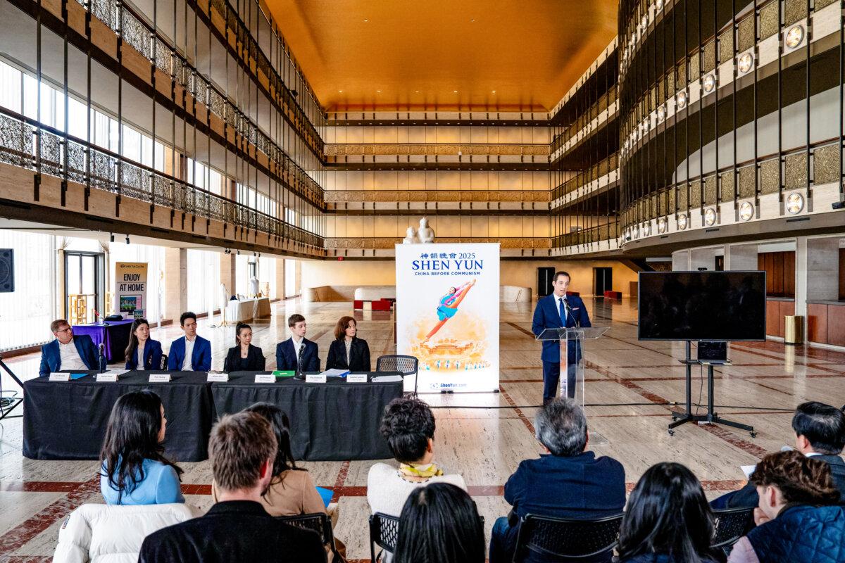 Shen Yun emcee Leeshai Lemish speaks at a press conference highlighting the Chinese Communist Party's transnational repression activities targeting the company at the Lincoln Center in New York City on March 26, 2025. (Samira Bouaou/The Epoch Times)