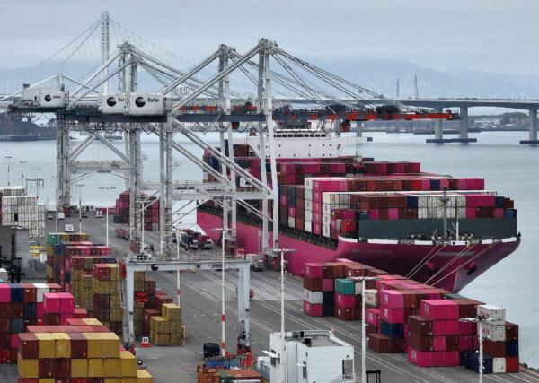 A container ship is seen docked at the Port of Oakland, Calif., on April 18, 2025. (Justin Sullivan/Getty Images)