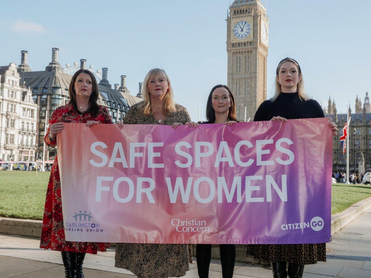 The Darlington nurses photographed outside of Parliament, where they took a petition supporting their right to dignity in the workplace, in an undated file photo. (Christian Concern)