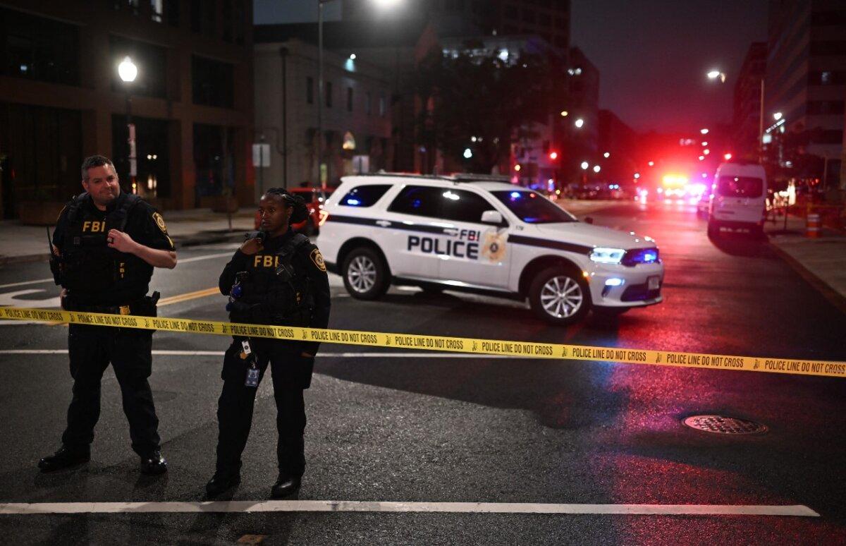 FBI agents cordon off the scene outside the Capital Jewish Museum following a shooting that left two people dead in Washington on May 21, 2025. (Alex Wroblewski/AFP via Getty Images)