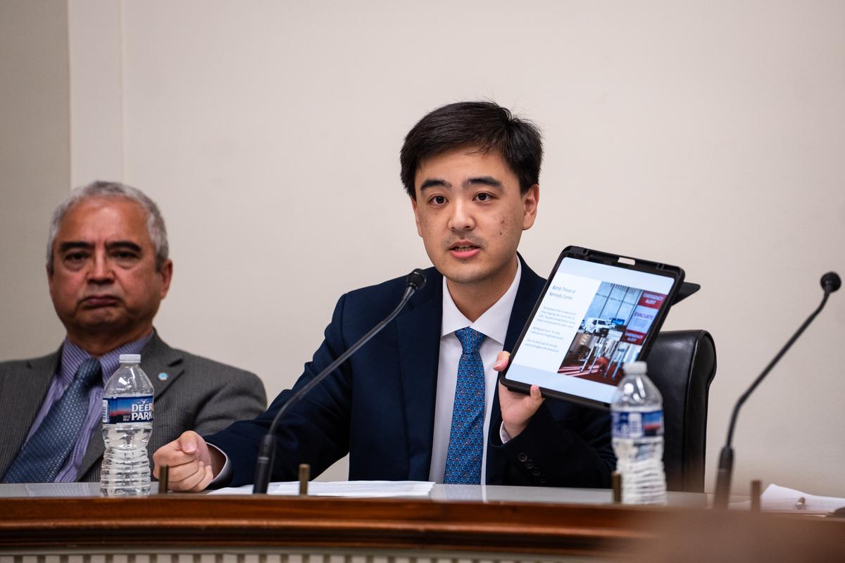 Mark Yang, researcher and advocacy officer at the Falun Dafa Information Center, speaks during an event about escalating transnational repression by the Chinese Communist Party, on Capitol Hill on June 6, 2025. (Madalina Vasiliu/The Epoch Times)