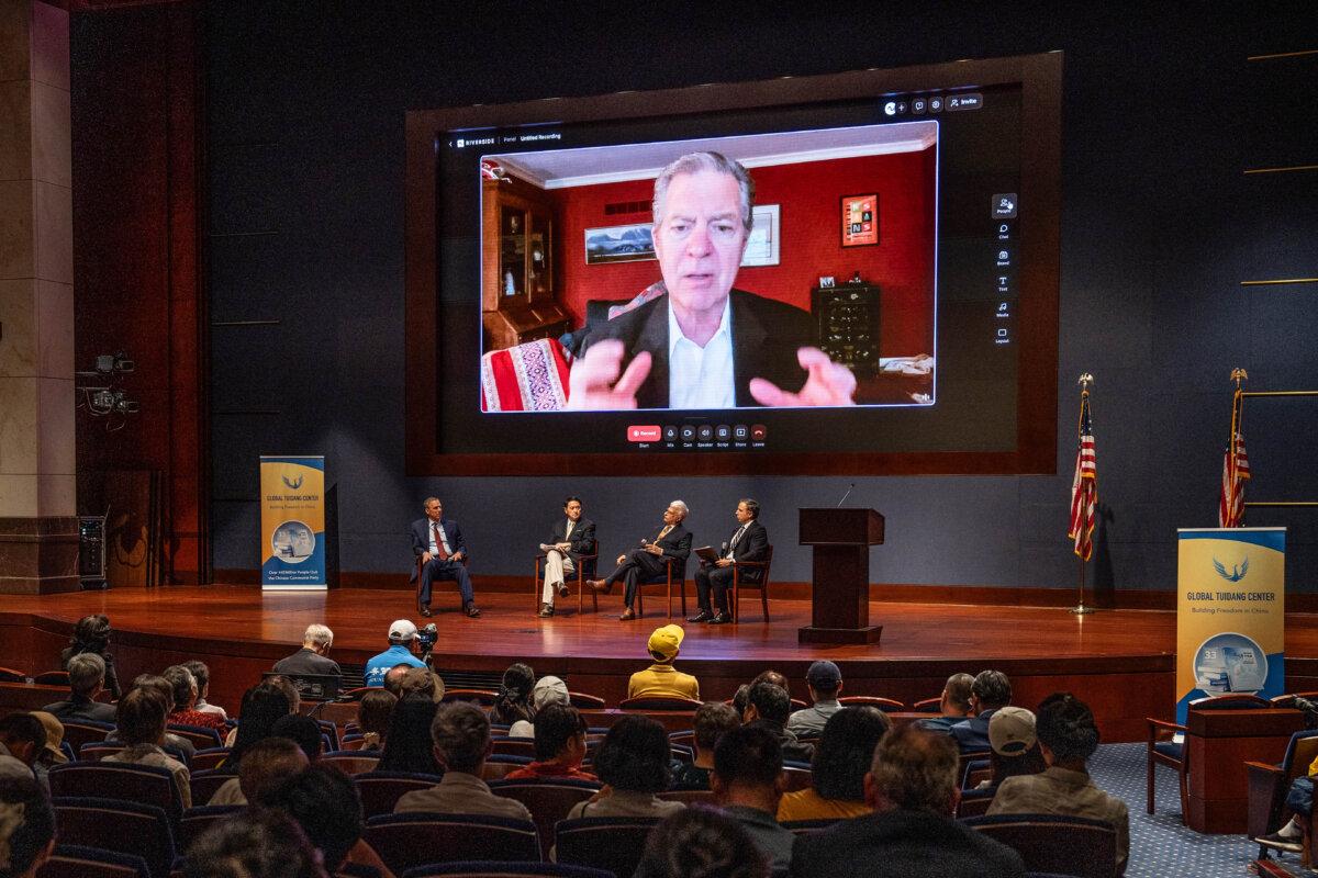 Amb. Sam Brownback, former U.S. Ambassador-at-Large of International Religious Freedom, speaks during a panel discussion with (L-R) Rep. Scott Perry (R-Pa.), Falun Gong Spokesperson Erping Zhang, Former Assistant Secretary of State for Democracy, Human Rights, and Labor Robert Destro, and moderator Steve Lance, NTD's Washington D.C. Bureau Chief, during the event, Safeguarding Freedom: Countering the CCP Transnational Repression, which is calling for an end to the persecution of Falun Gong in China and supporting the Quit the CCP movement, at the U.S. Capitol Visitor Center in Washington on July 17, 2025. (Samira Bouaou/The Epoch Times)