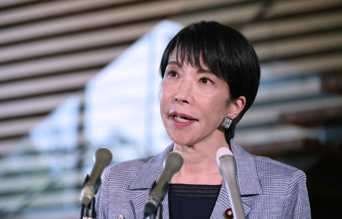 Japanese Prime Minister Sanae Takaichi answers questions from reporters about her telephone talks with U.S. President Donald Trump at the Prime Minister's Office in Tokyo on Nov. 25, 2025. (JIJI Press/AFP via Getty Images)