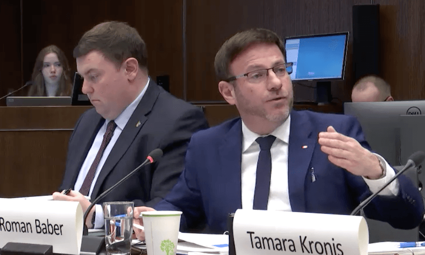 Tory MPs Andrew Lawton (L) and Roman Baber participate in a meeting of the House of Commons justice committee in Ottawa on Dec. 2, 2025. (House of Commons/Screenshot via The Epoch Times)