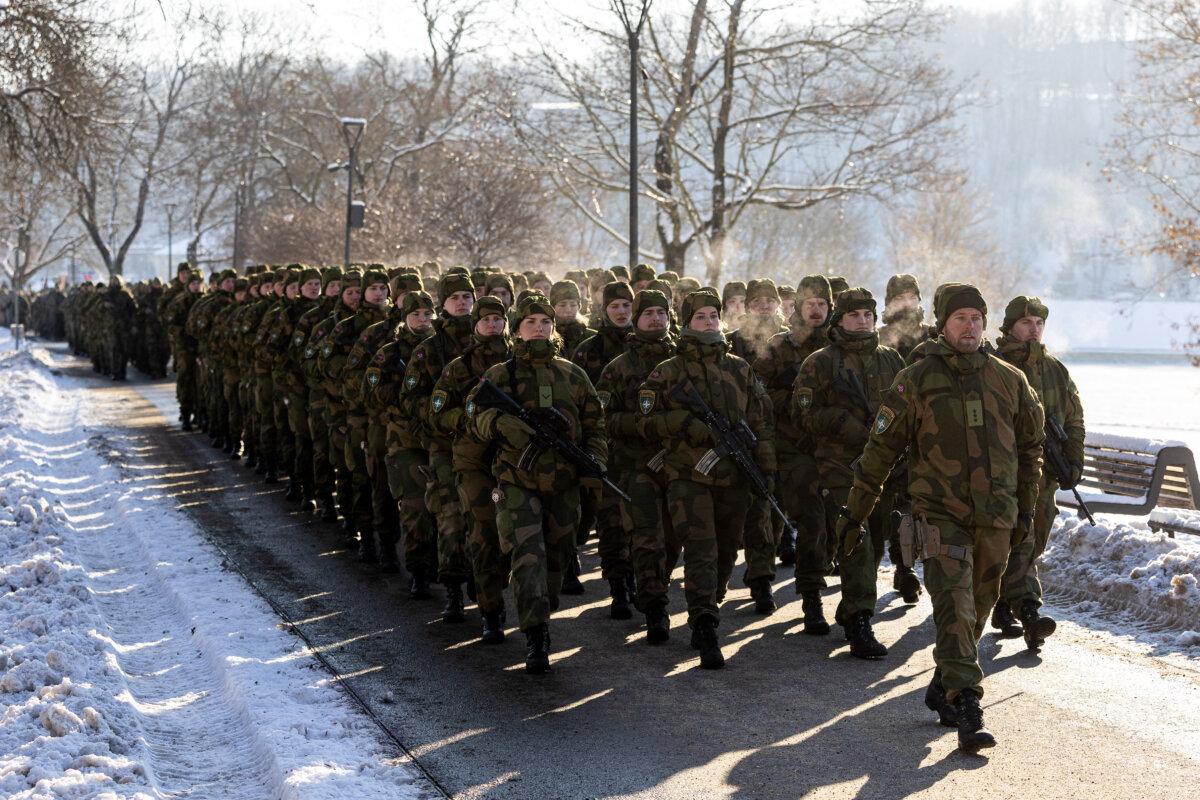 Norwegian troops march during a public ceremony to mark the expansion of Germany's military commitment in Lithuania in Kaunas, Lithuania, on Feb. 4, 2026. (Paulius Peleckis/Getty Images)