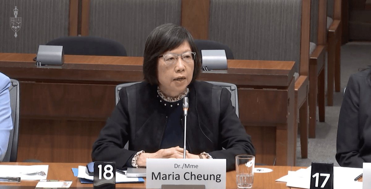 Dr. Maria Cheung, professor emeritus with the University of Manitoba, testifies before the House of Commons Subcommittee on International Human Rights in Ottawa on April 20, 2026. (House of Commons/Screenshot via The Epoch Times)