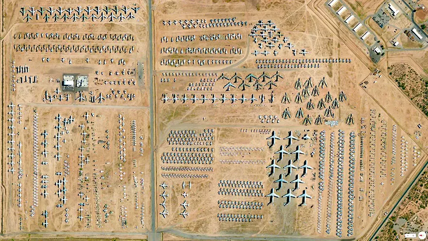 The 309th Aerospace Maintenance and Regeneration Group at Davis-Monthan Air Force Base in Tucson, Ariz. Since 1964, the maintenance group has served as the sole designated storage, salvage, and disposal center for U.S. military and government organization aircraft. (Overviews created with Apple Maps, satellite imagery courtesy of Digital Globe)