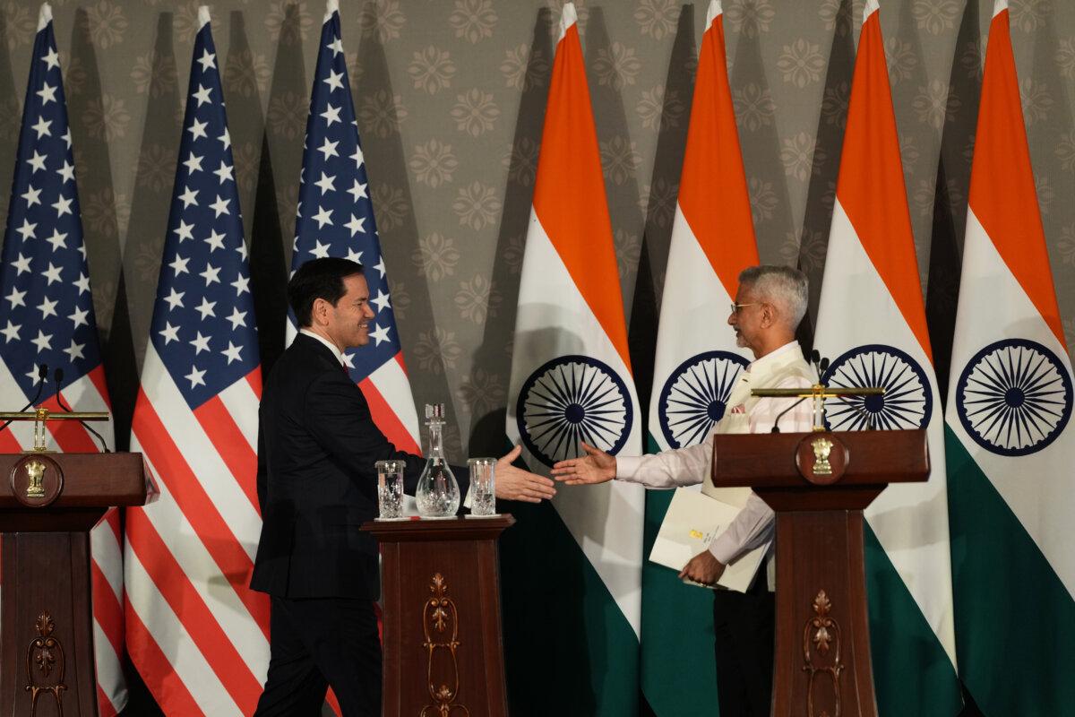 U.S. Secretary of State Marco Rubio (L) walks to shake hands with India's Minister of External Affairs S. Jaishankar after addressing a joint press conference following their talks in New Delhi, India, on May 24, 2026. (Manish Swarup/AP Photo)