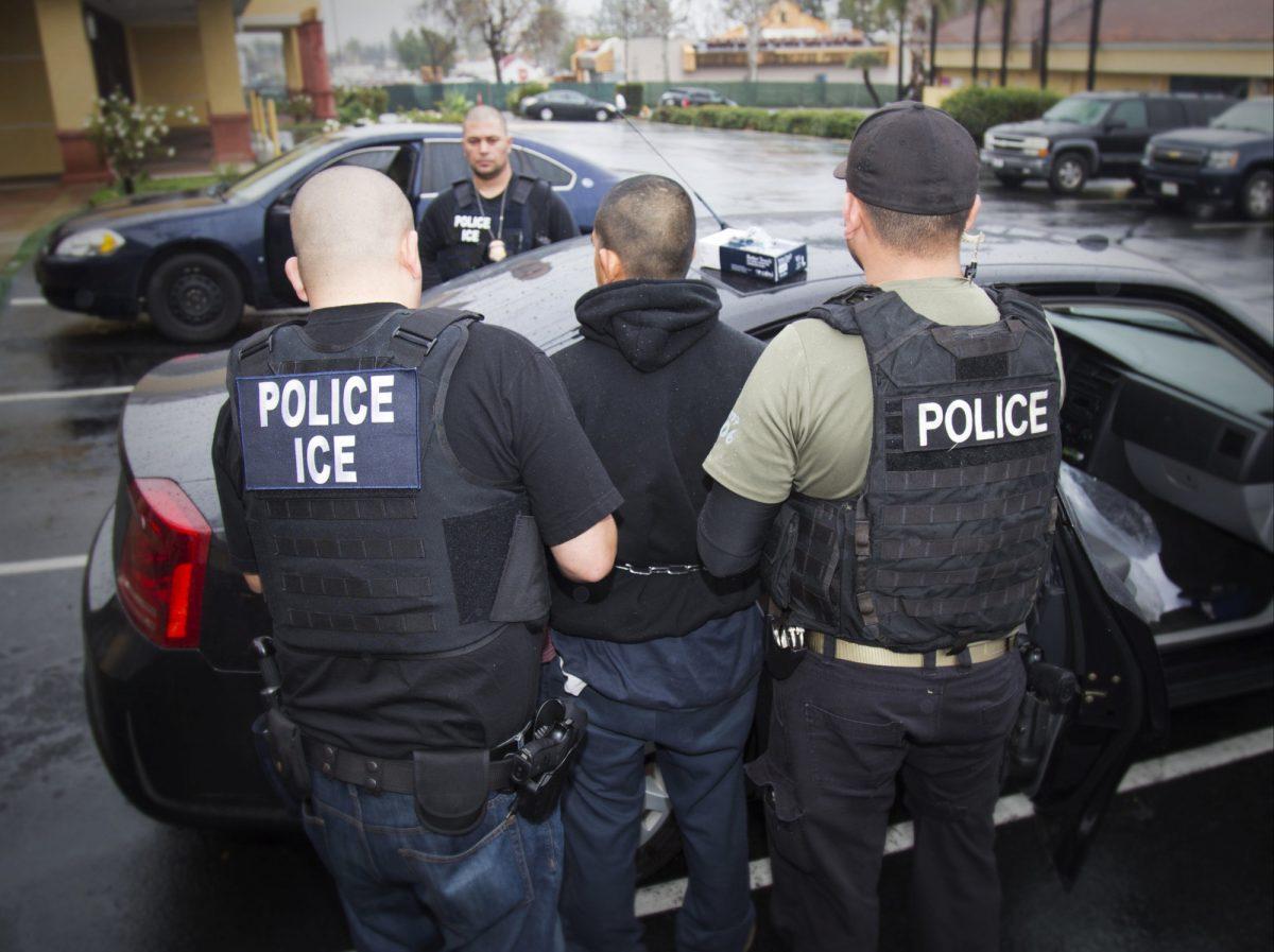 Illegal immigrants are arrested during a targeted enforcement operation conducted by U.S. Immigration and Customs Enforcement (ICE) aimed at immigration fugitives, re-entrants and at-large criminal aliens in Los Angeles on Feb. 7, 2017. (Charles Reed/U.S. Immigration and Customs Enforcement via AP)