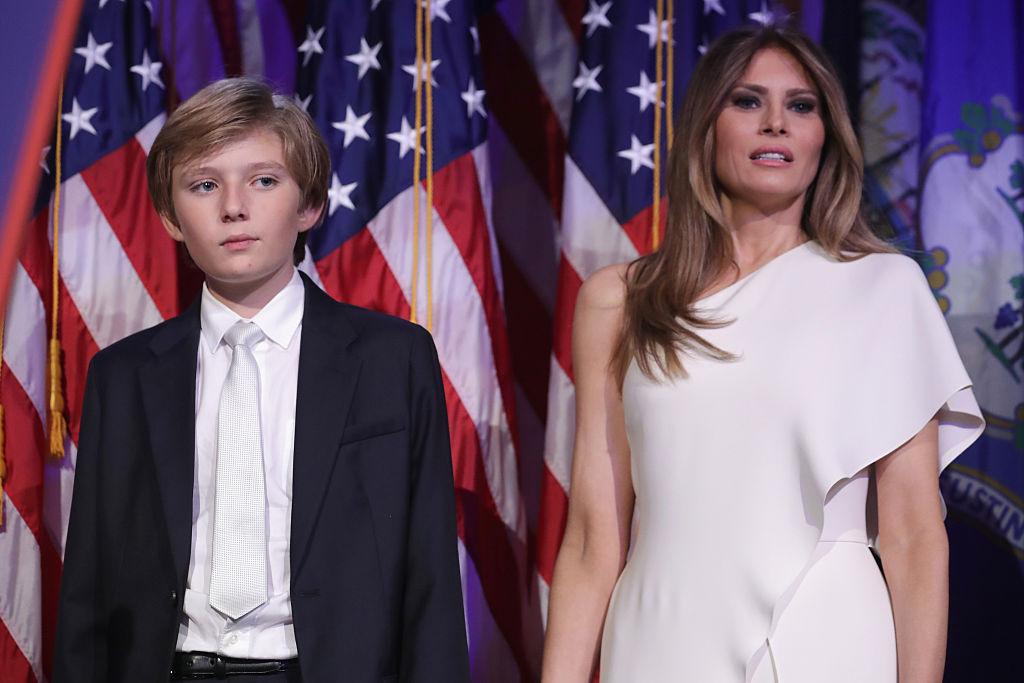 Barron Trump and his mother Melania Trump stand on stage after Republican president-elect Donald Trump delivered his acceptance speech at the New York Hilton Midtown in New York City on Nov. 9, 2016. (Chip Somodevilla/Getty Images)