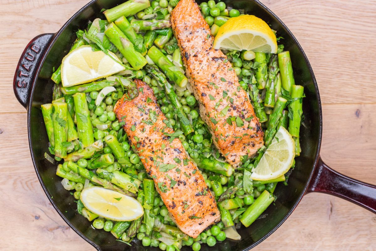 One Skillet Salmon With Spring Vegetables