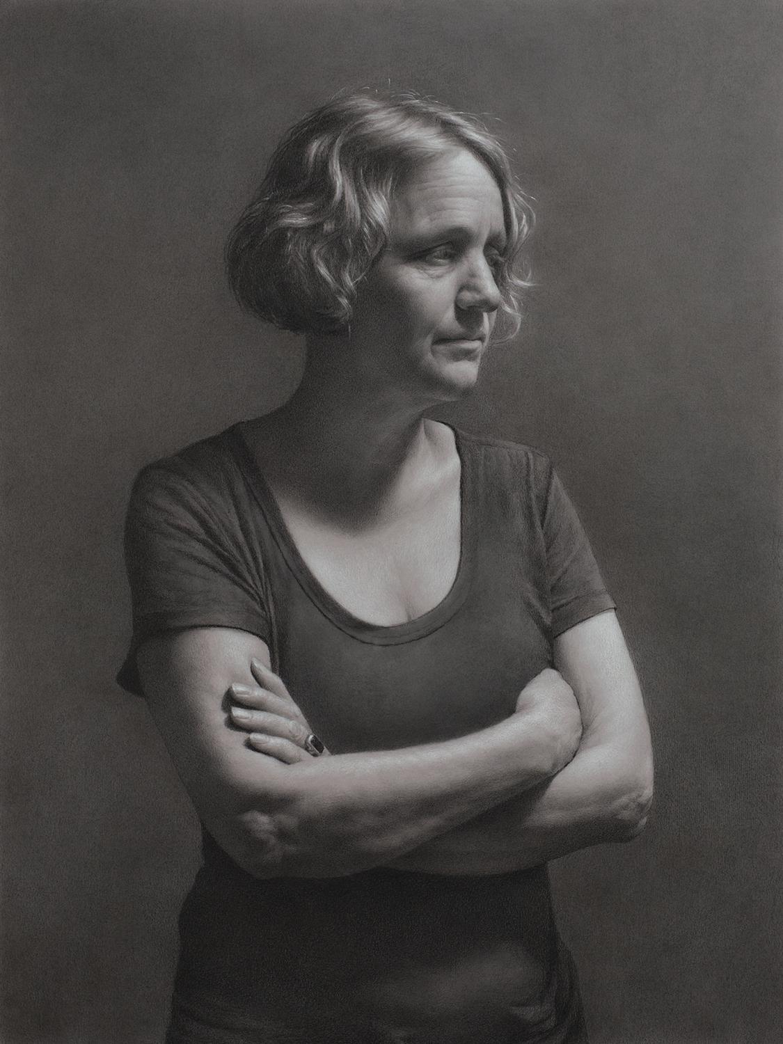 “Writer's Block” by David Jamieson of Illinois. Graphite, carbon black and white chalk on gray paper; 24 inches by 18 inches. (Courtesy of the Portrait Society of America)