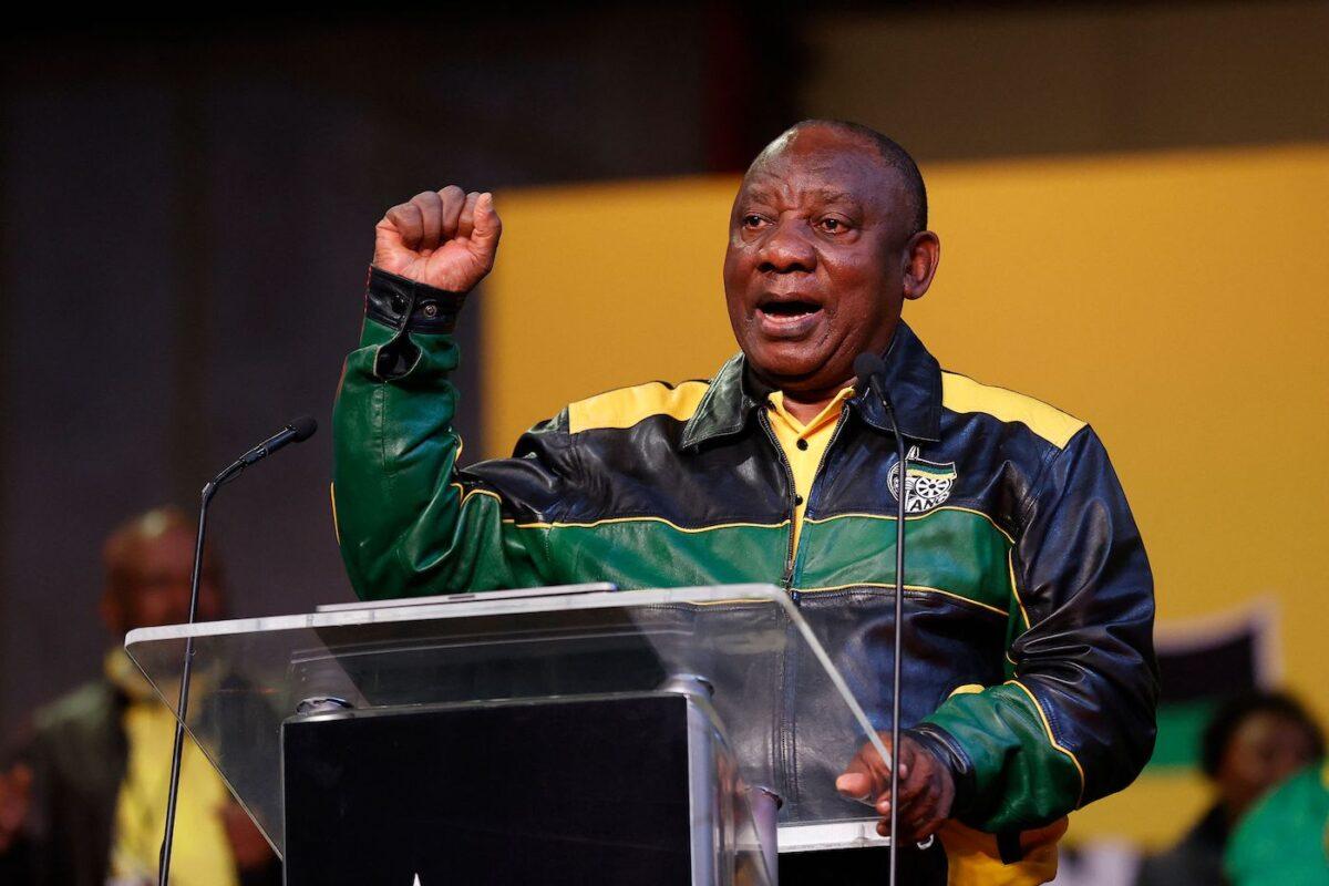 South Africa's President Cyril Ramaphosa gestures as he addresses African National Congress (ANC) delegates during the first day of the party's National Policy Conference at the National Recreation Center in Johannesburg on July 29, 2022. (Phill Magakoe/AFP via Getty Images)