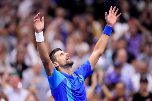 Novak Djokovic of Serbia reacts after defeating Daniil Medvedev of Russia in the men's singles final of the U.S. Open tennis championships in New York on Sept. 10, 2023. (Manu Fernandez/AP Photo)