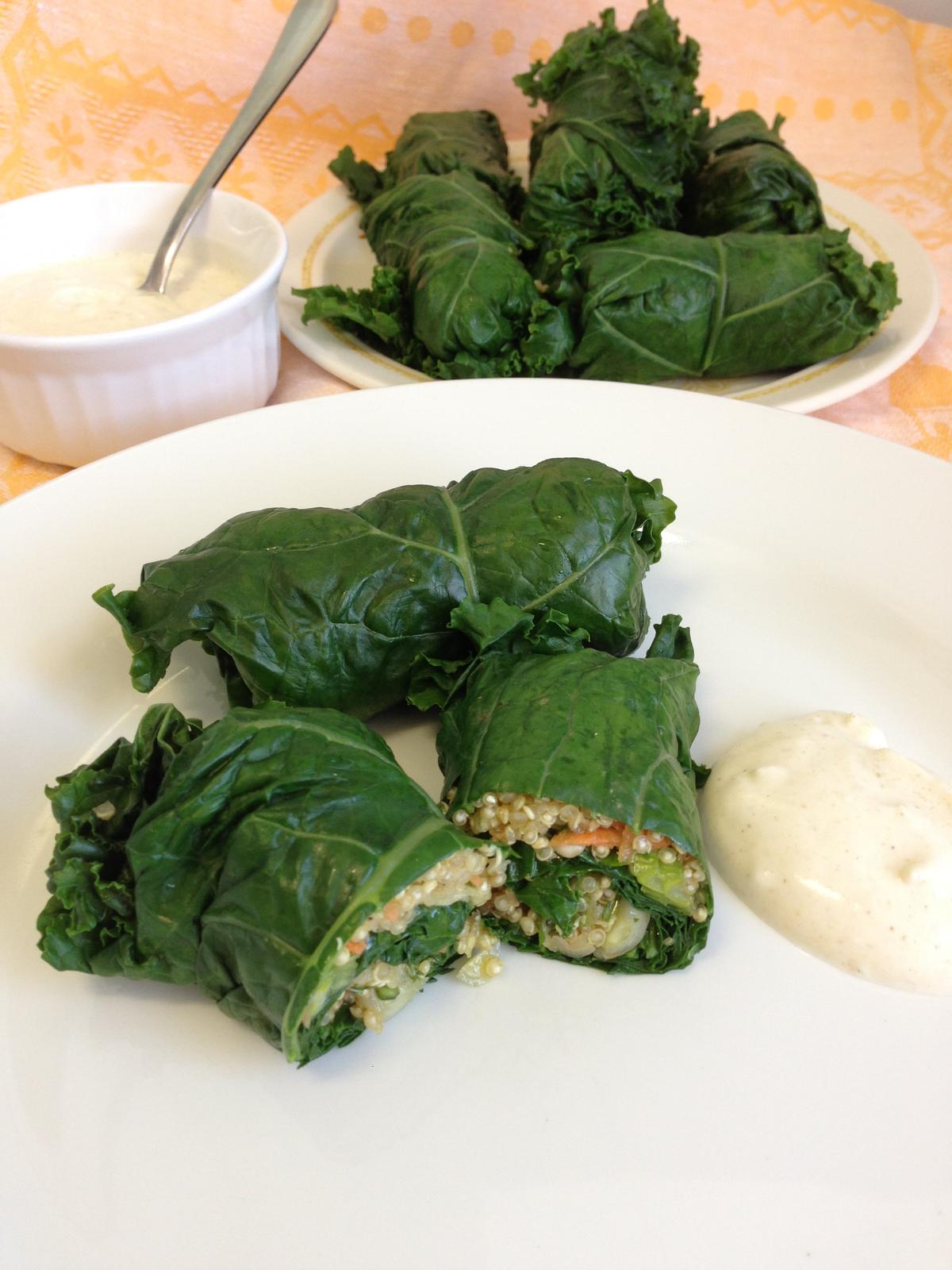 Kale and Quinoa Dolmades With Yogurt Dipping Sauce