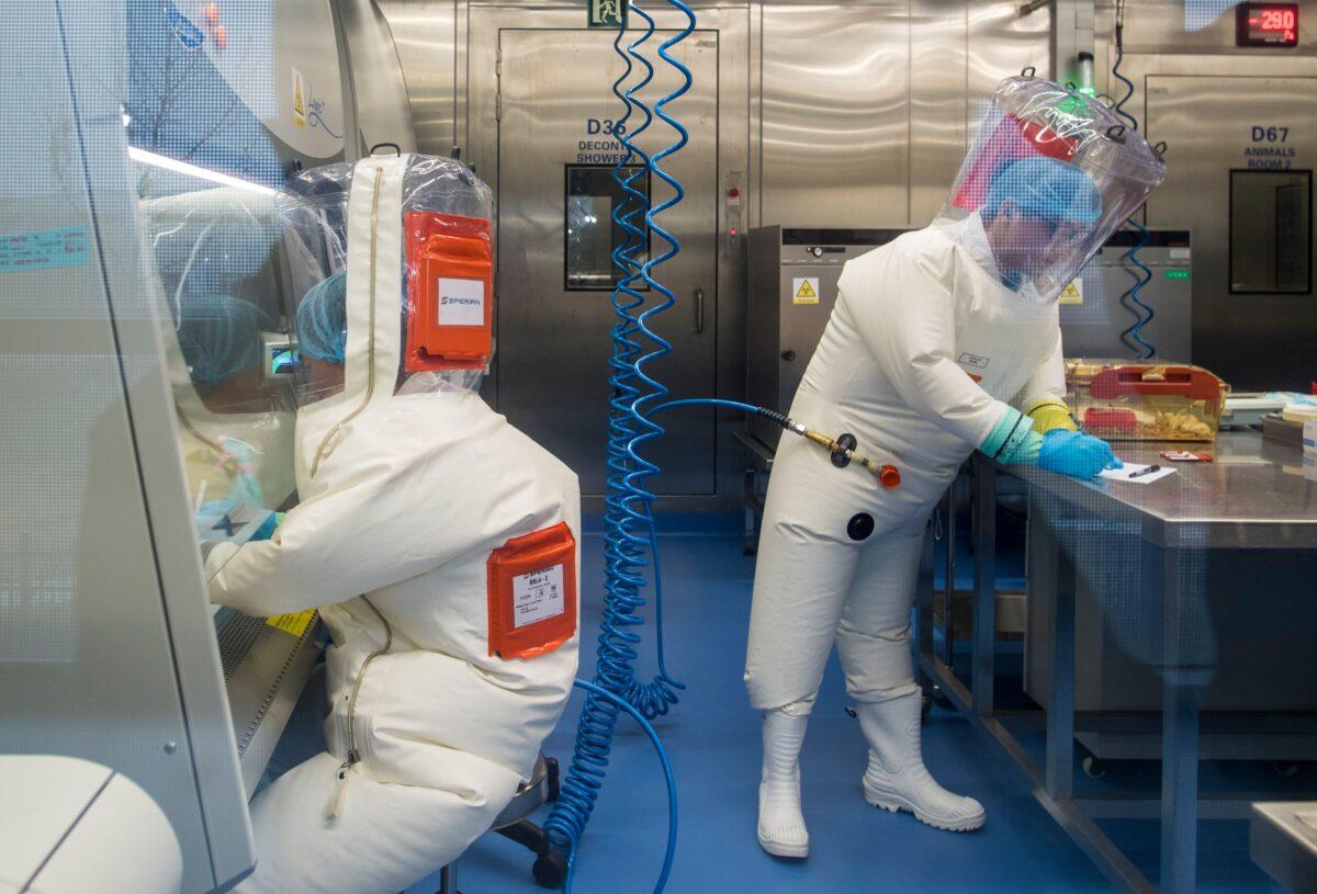 Workers are seen next to a cage with mice (R) inside the P4 laboratory in Wuhan, capital of China's Hubei Province, on Feb. 23, 2017. (Johannes Eisele/AFP via Getty Images)