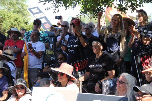 Rally-goers attend the Humanity Against Censorship gathering in front of Meta headquarters in Menlo Park, Calif. on May 19, 2022. (Hao Qiuyan/The Epoch Times)