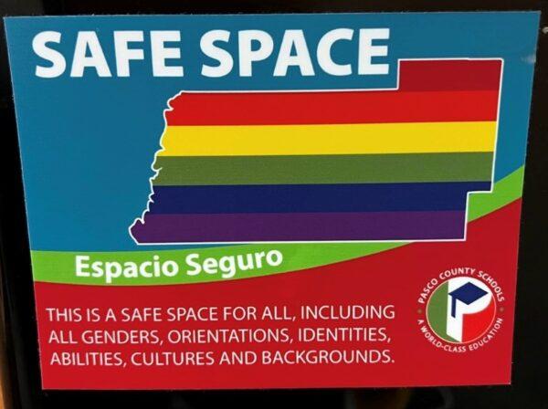 Some teachers at a Pasco County, Fla., school wore "safe space" stickers on their identification badges or posted them on the doors of their classrooms until they were removed after parents raised questions. (Courtesy of Jennifer Houston)