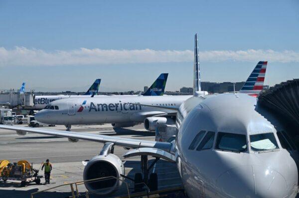 American Airlines planes are seen at Los Angeles International Airport on Feb. 28, 2022, in Los Angeles. (Daniel Slim/AFP via Getty Images)