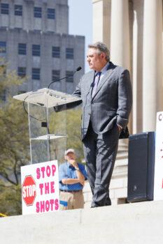 State Senator Michael McLendon speaks about his vaccine injury in Jackson, Miss., on Feb. 28, 2023. (Courtesy of Charlotte Stringer Photography)