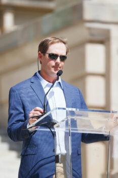 Cody Flint speaks about the loss of his career due to a COVID-19 vaccine injury in Jackson, Miss., on Feb. 28, 2023. (Courtesy of Charlotte Stringer Photography)