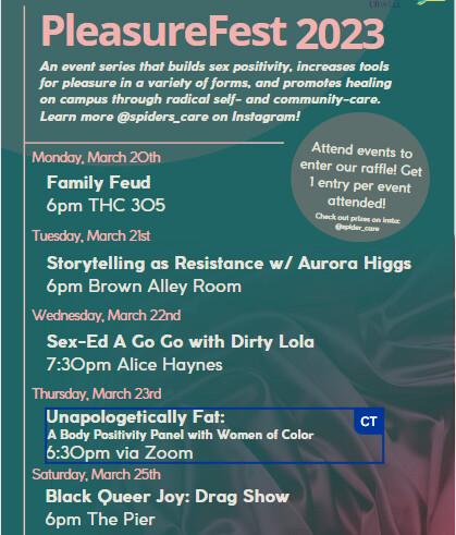 Pleasurefest flier for March 2023, detailing the schedule of events connected with the University of Richmond. (Courtesy of Robert Smith)
