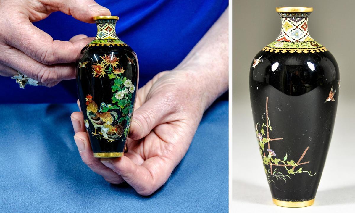 The Japanese cloisonné vase is shown off from different angles. (Courtesy of <a href="https://www.facebook.com/profile.php?id=100064166978259">The Canterbury Auction Galleries</a>)