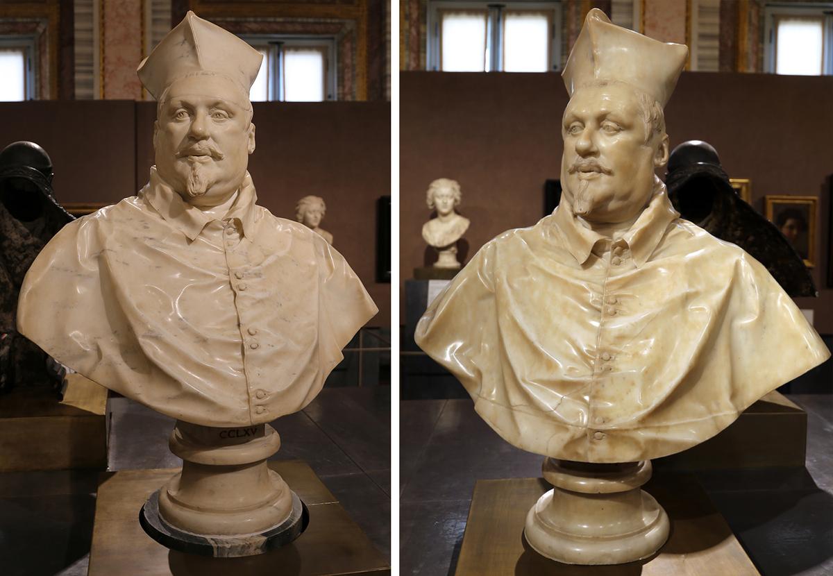 (L) The first bust of Cardinal Scipione Borghese by Gian Lorenzo Bernini with the hairline fracture across the forehead. (Sailko/<a href="https://creativecommons.org/licenses/by/3.0/deed.en">CC BY 3.0 DEED</a>) (R) The second bust of Scipione Borghese, 1632, by by Gian Lorenzo Bernini. Carrara marble; 30.4 inches. Borghese Gallery, Rome. (Sailko/<a href="https://creativecommons.org/licenses/by/3.0/deed.en">CC BY 3.0 DEED</a>)