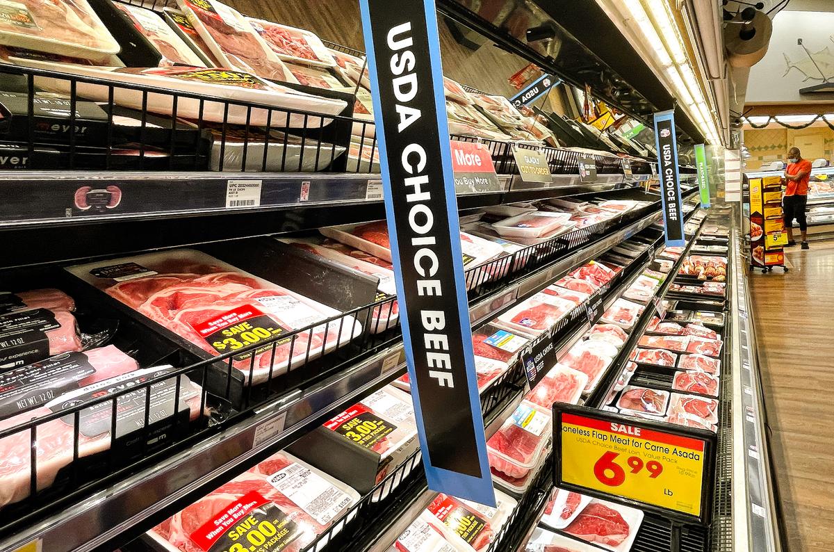 USDA Choice beef is displayed for sale in a grocery store in Los Angeles on Nov. 11, 2021. Consumer prices have increased solidly in the past few months as inflation has risen to a level not seen in 30 years. (Mario Tama/Getty Images)