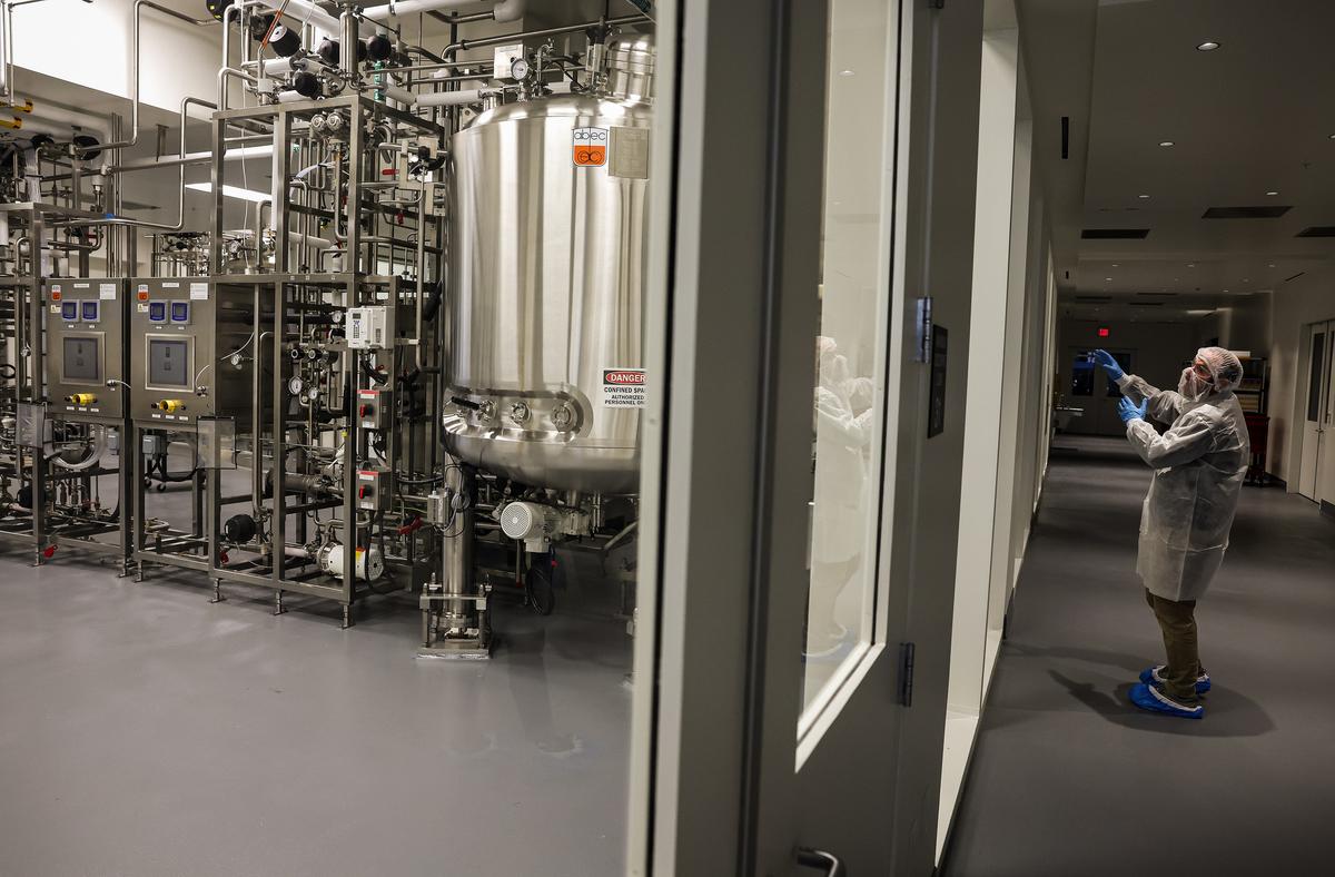Cultivated chicken is made in tanks at Eat Just in Alameda, Calif., on July 27, 2023. Cell-cultivated or lab-grown meat is made by feeding nutrients to animal cells in stainless steel tanks. (Justin Sullivan/Getty Images)