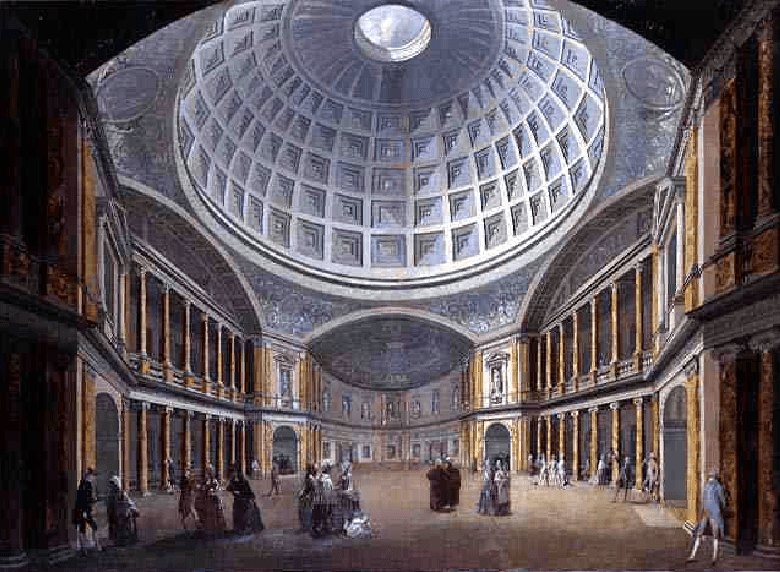The Pantheon setting of “Julius Caesar” designed by Richard Wyatt in 1772 for the Oxford Street production, 1790, drawing by William Hodges. (Public Domain)
