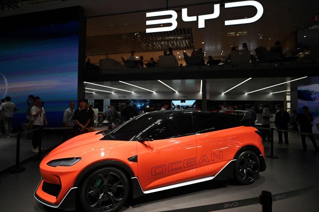 A BYD Ocean-M electric car is displayed at the Beijing Auto Show on April 25, 2024. (PEDRO PARDO/AFP via Getty Images)