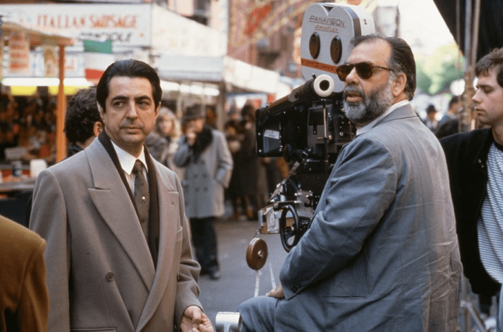 Joe Mantegna (L) and director Francis Ford Coppola on the set of "The Godfather Part III." (Paramount Pictures)