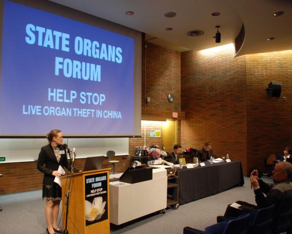 The forum host introduces keynote speakers (L-R) international human rights lawyer David Matas, associate director of medical affairs with the Doctors Against Forced Organ Harvesting Dr. Shawn Wu, and Edmonton-St. Albert MP Brent Rathgeber. The forum was held at the University of Alberta in Edmonton on Jan. 19, 2013. (The Epoch Times)