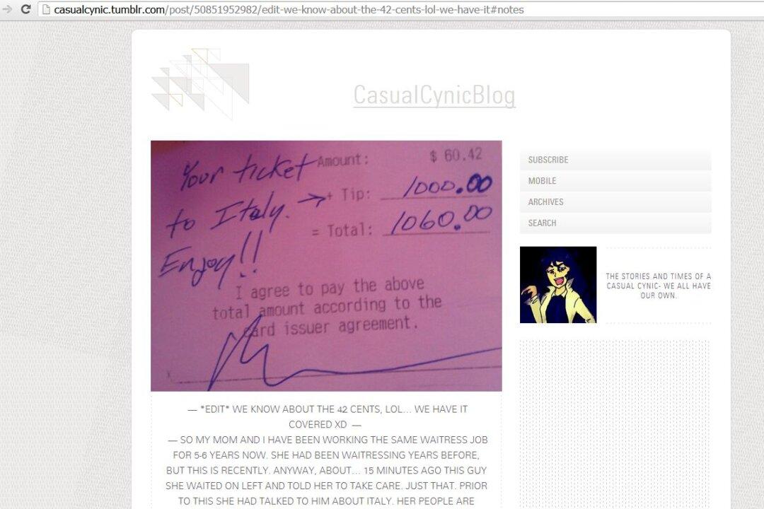 $1,000 Tip on $60.42 Meal Posted on Tumblr