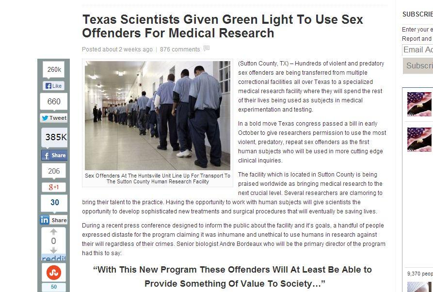 Sex Offenders for Medical Research in Texas Article a Hoax