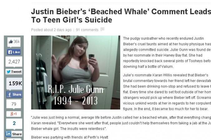 Justin Bieber ‘Beached Whale’ Comment Leading to Suicide of Teen Julie Gunn Just a Hoax