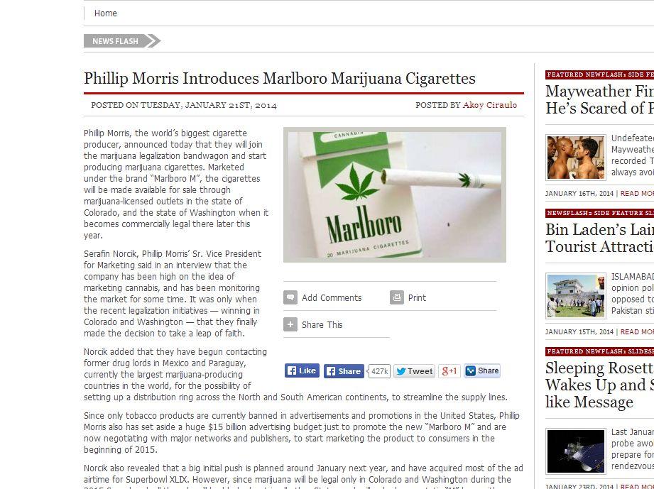 Marlboro M? Philip Morris Marlboro Marijuana Cigarettes ‘Report’ is a Hoax