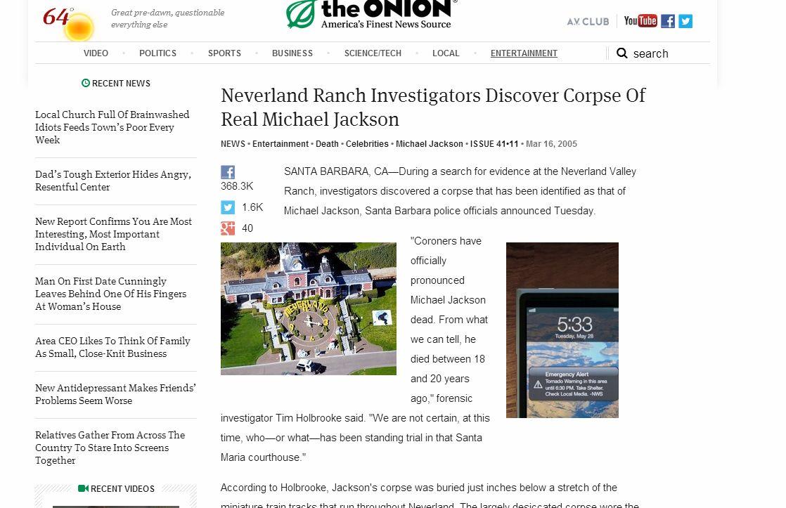 Michael Jackson Corpse-Fake Body Article is ‘Onion’ Satire; Many Thought it was Real