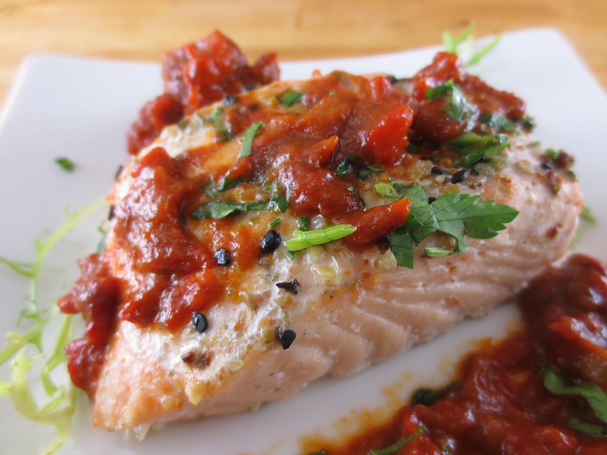 Baked Salmon With Roasted Pepper Sauce