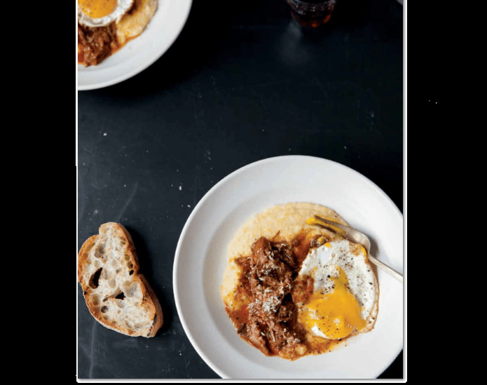Recipe for Braised Oxtail with Creamy Polenta, Fried Eggs, and Garlic Toast