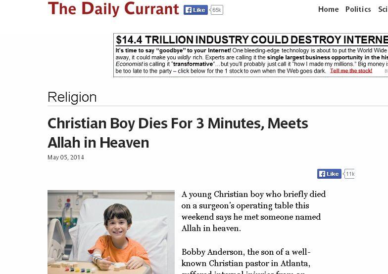 Christian Boy ‘Dies For 3 Minutes, Meets Allah in Heaven’ is Satire; Bobby Anderson Story Not Real