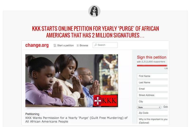 KKK Petition ‘Purge’ Hoax: Ku Klux Klan ‘Purge of African Americans’ Fake; 2 Million Signatures Change.org Petition 100% Not Real