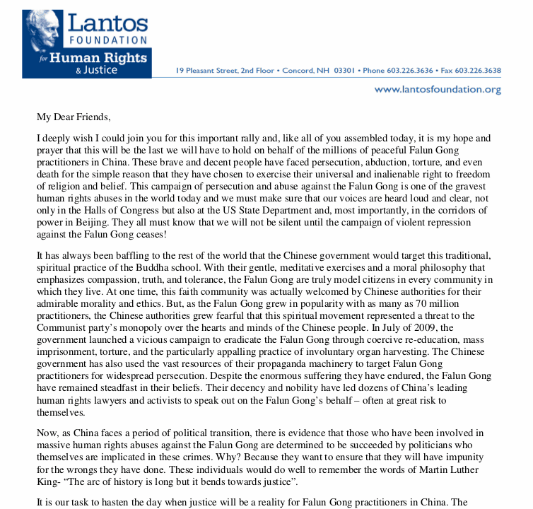 Members of US Congress, NGO’s Call for Persecution of Falun Gong to Stop