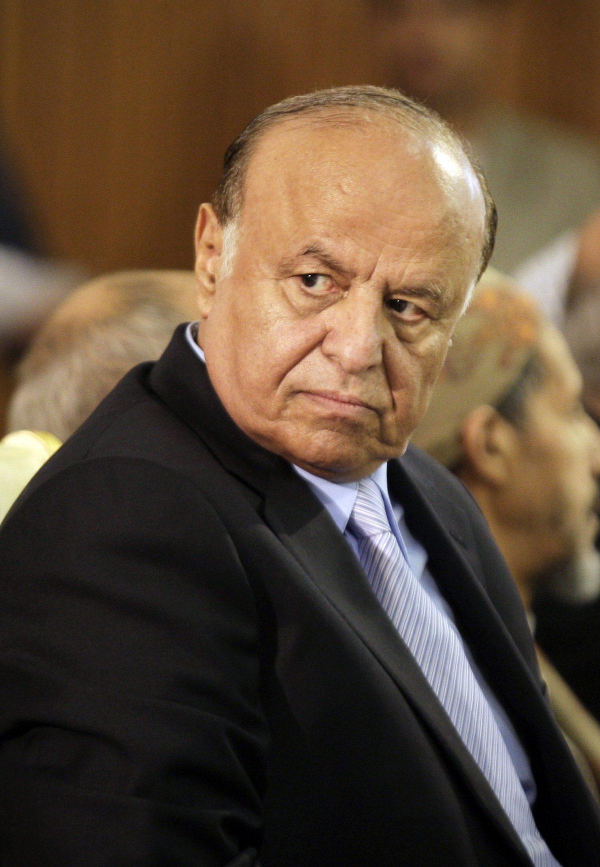 In this Feb. 7, 2012 file photo, Yemen's then Vice President Abed Rabbo Mansour Hadi attends an inauguration ceremony for his presidential election campaign, in Sanaa, Yemen. (AP Photo/Hani Mohammed, File)