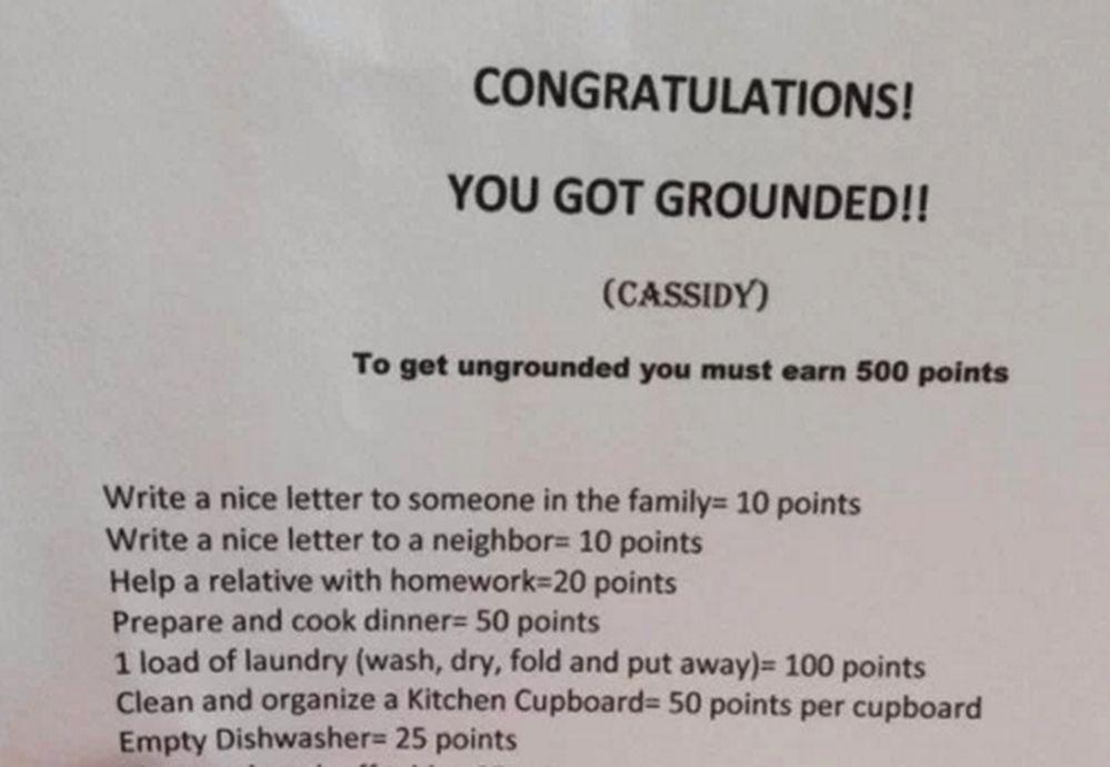Grounded Girl Has to Earn 500 Points Via Doing Chores to Get Un-Grounded