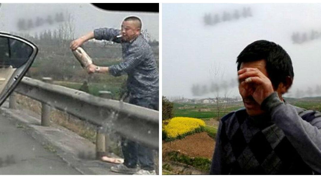 Chinese Fisherman Tears Up Seeing His Fish Looted on Highway